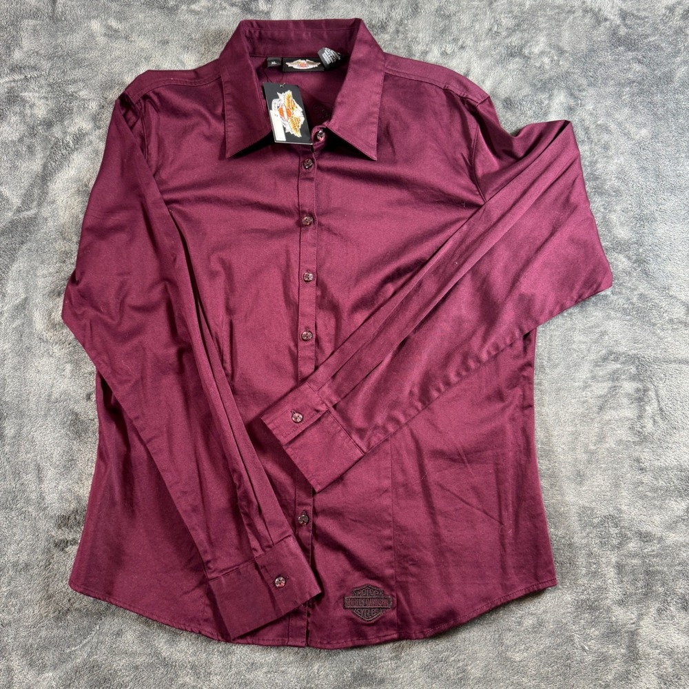 Harley-Davidson Womens XL Burgundy Embroidered Winged Logo Button Down Shirt